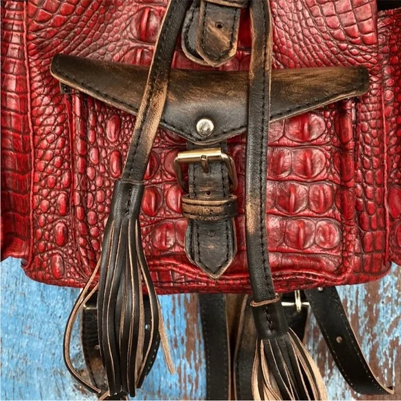 FREEBIRD BY STEVEN Brett Red Crocodile Backpack Leather Bag - Picture 4 of 7